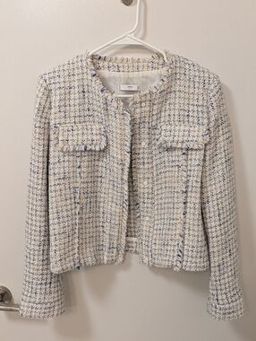 MANGO London - Cream & Light Blue Fringe Tweed Collarless Jacket